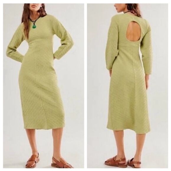 Free People Dresses & Skirts - NWOT Free People Gabby Seamless MIDI Dress Green Long Sleeve Texture Open Back
